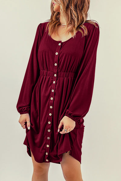 Fiery Red Button Up High Waist Long Sleeve Dress