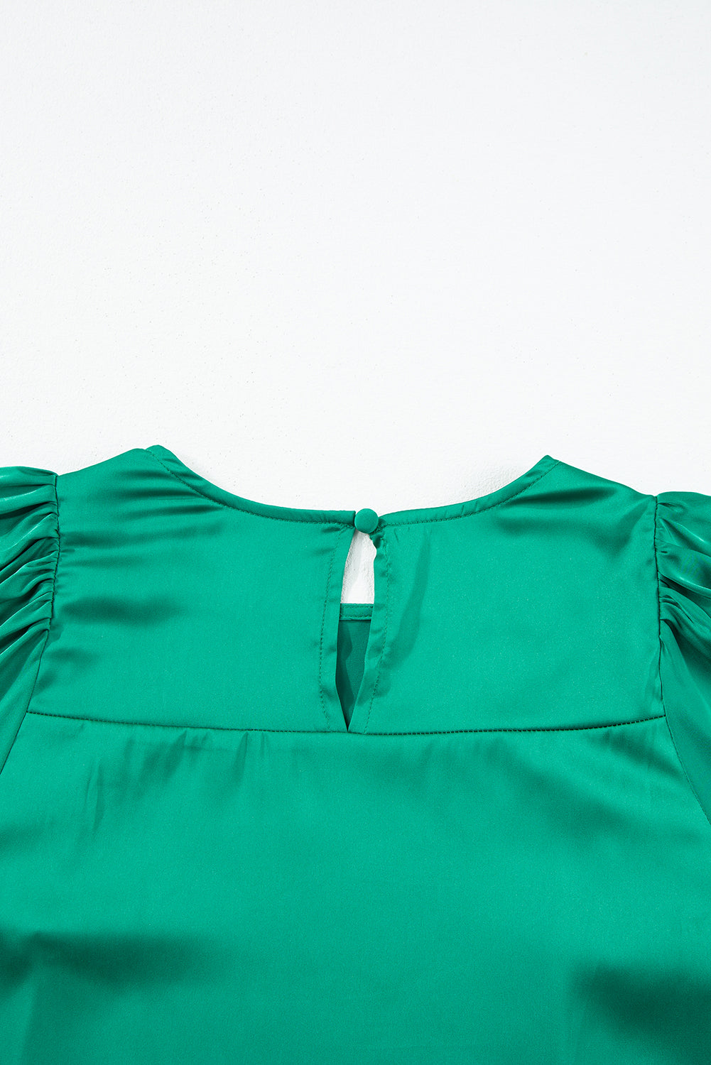 Green Satin Puff Long Sleeve Crewneck Blouse