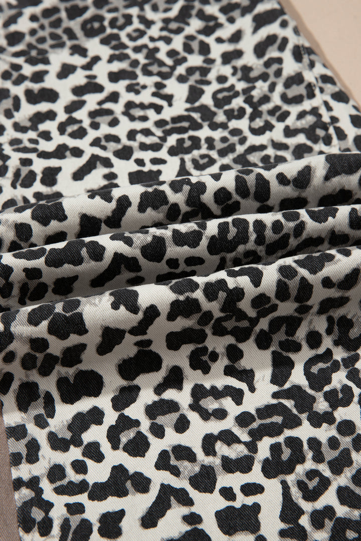 Khaki Leopard Print Drawstring Waist Straight Leg Jeans