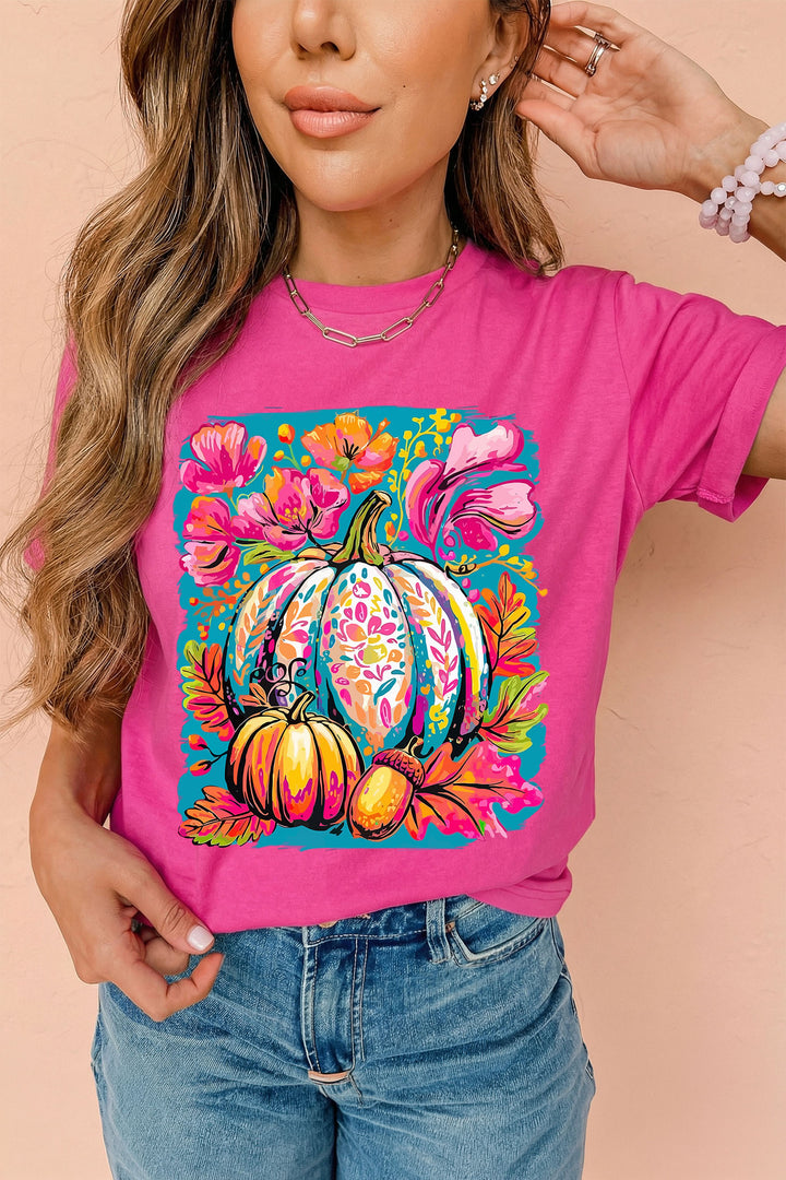 Rose Red Floral Pumpkin Graphic Print Crewneck Relaxed T-Shirt