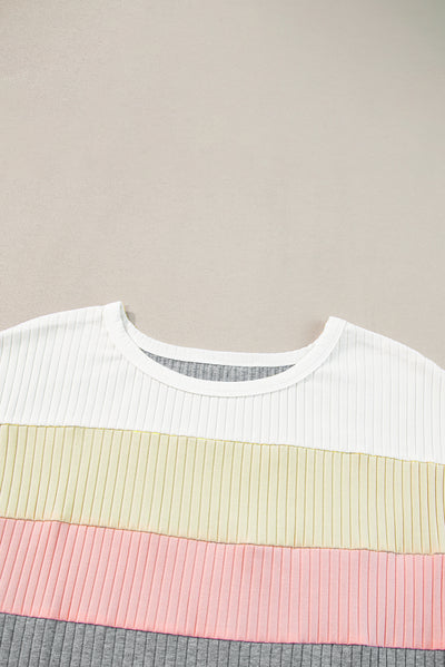 Gray Ribbed Color Block Patchwork T-shirt