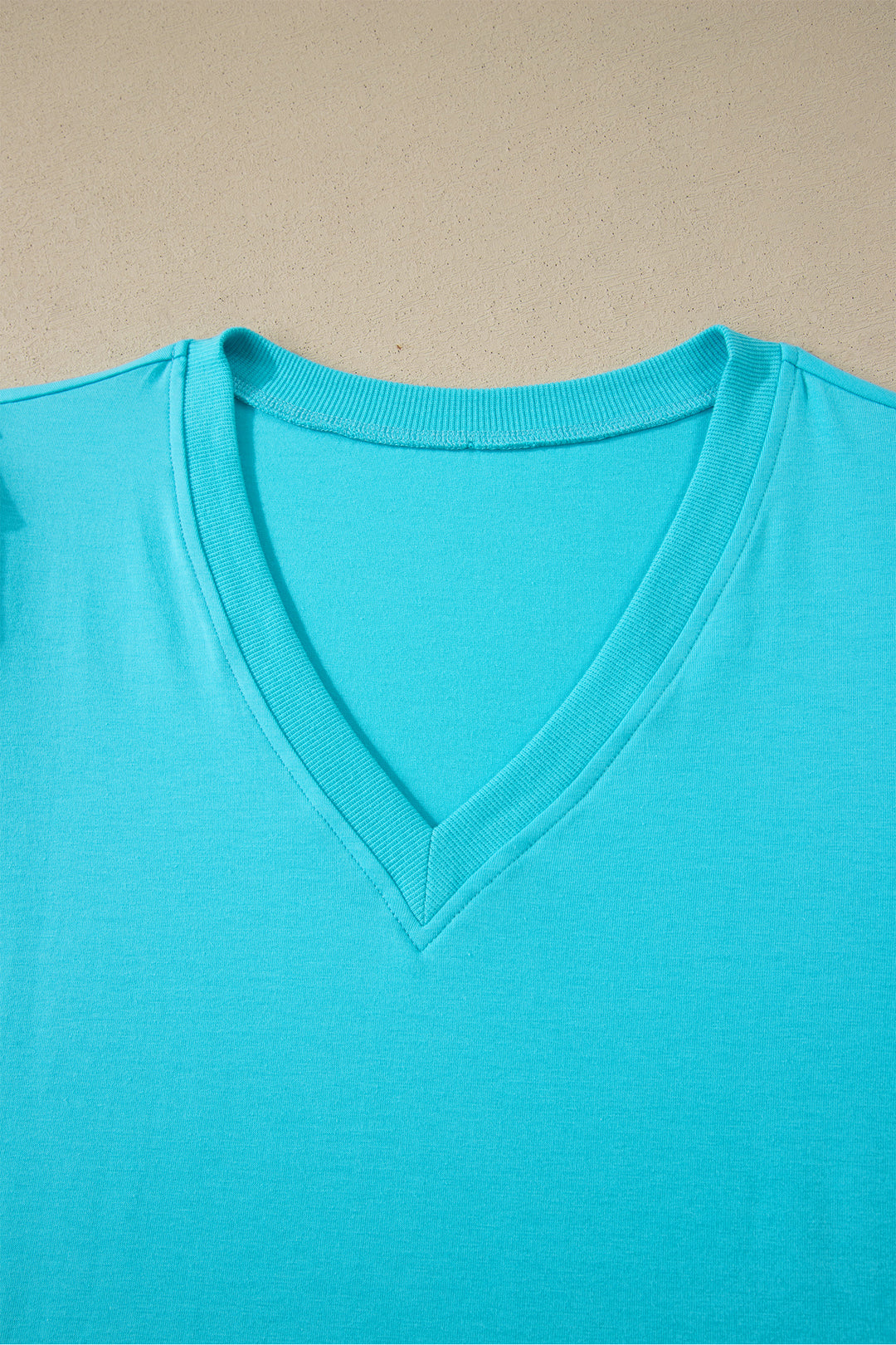 Mint Green Solid Color V Neck Short Puff Sleeve Blouse