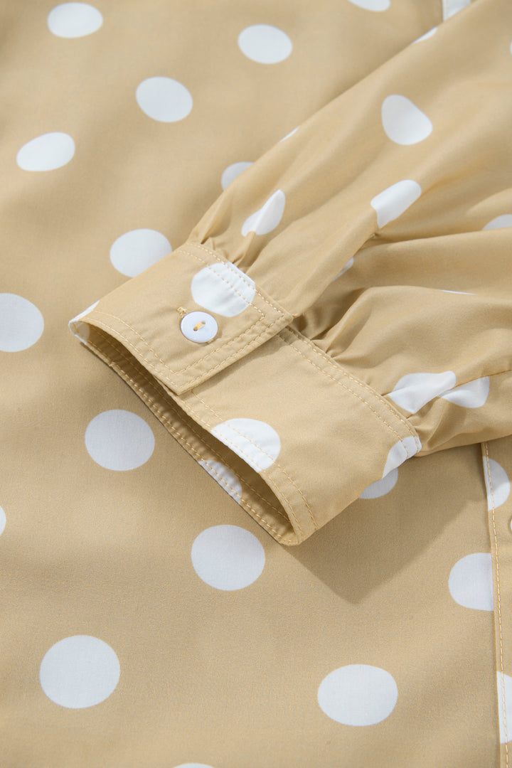 White Polka Dot Print Three Quarter Sleeve Ruffle Hem Casual Shirt