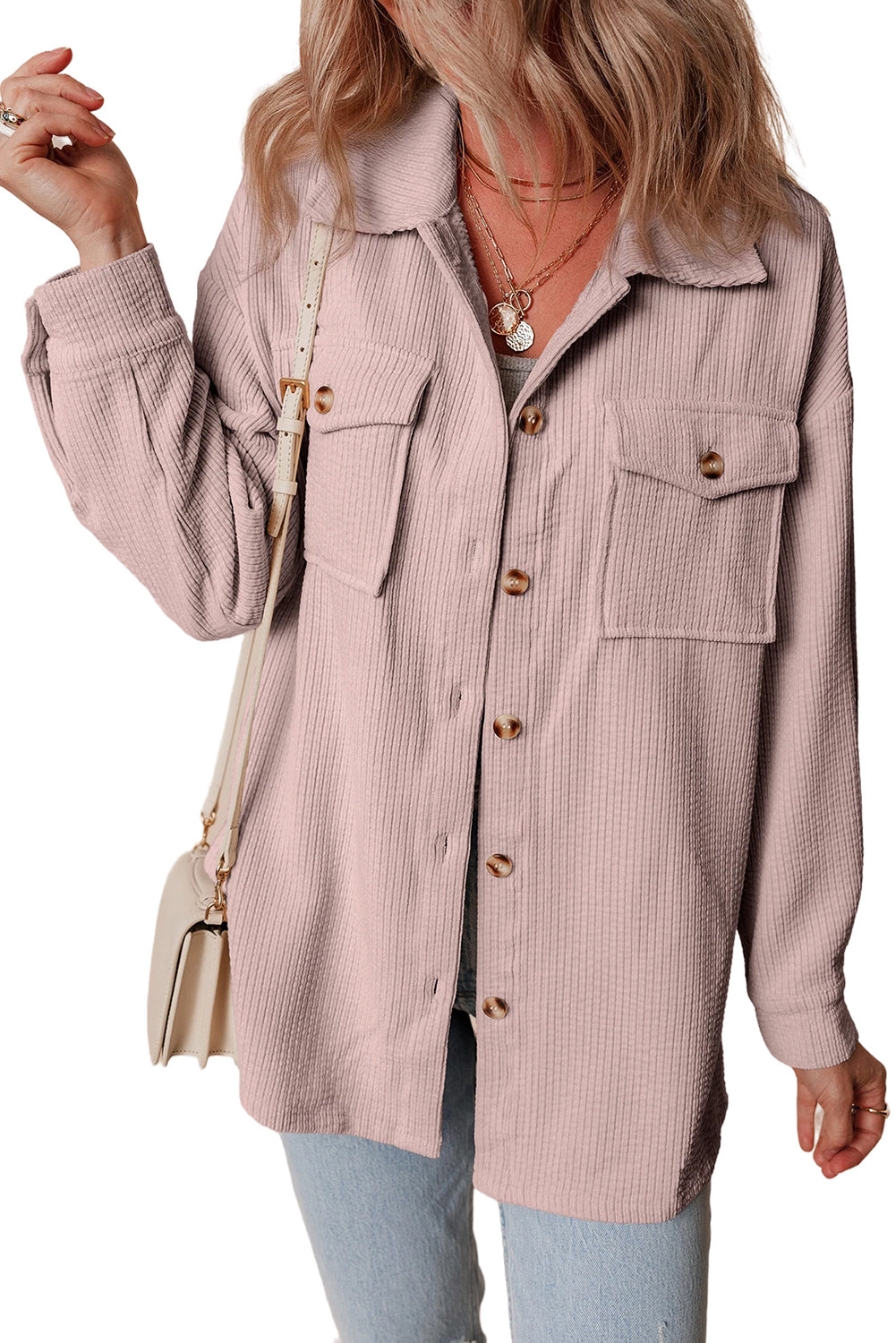 Light Pink Corduroy Flap Pocket Button Up Shacket