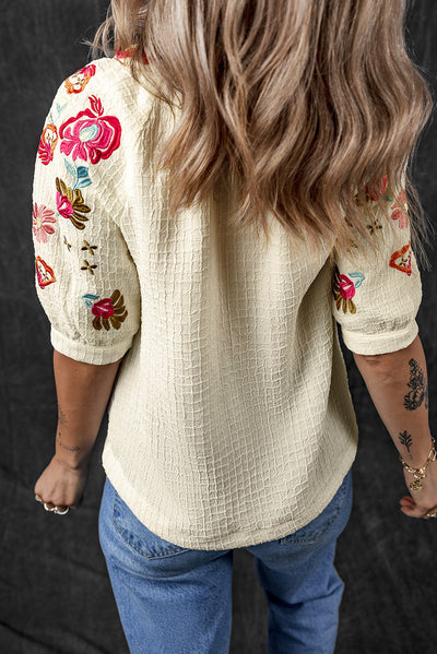 Beige Floral Embroidered Ricrac Puff Sleeve Textured Blouse