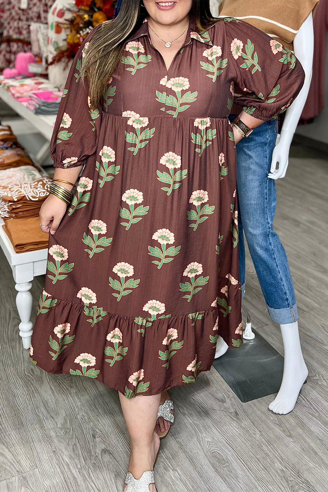 Brown Floral Print V-Neck Long Sleeve Loose Shift Plus Size Dress