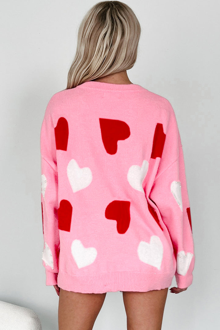 Pink Pearl Embellished Heart Pattern Valentines Day Sweater