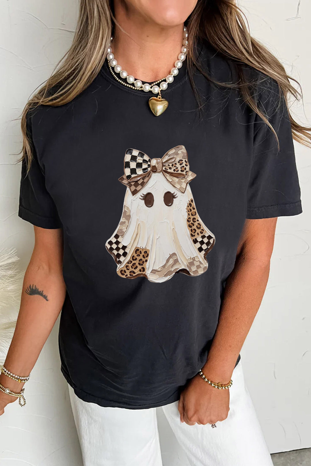 Black Checkered Leopard Ghost Print Round Neck Halloween T Shirt