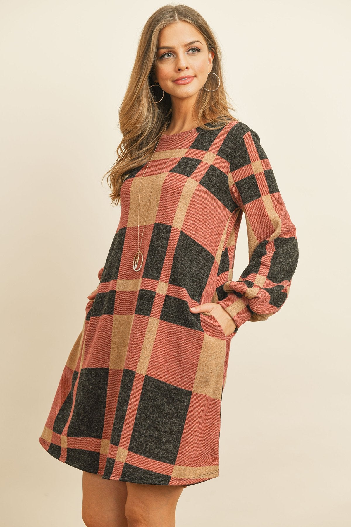 Round Neck Puff Sleeved Plaid Knee Length Dress