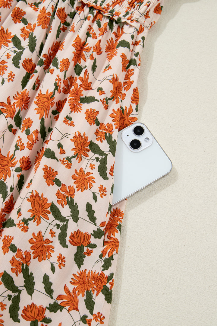 Beige Plus Size Floral Print V Neck Long Sleeve Babydoll Short Dress