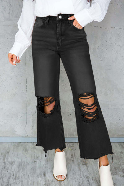 Black Distressed Hollow-out High Waist Cropped Flare Jeans