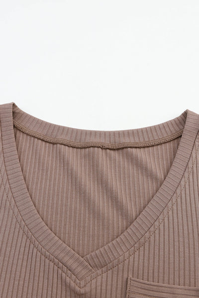 Khaki Ribbed Knit Patched Chest Pocket V Neck Top