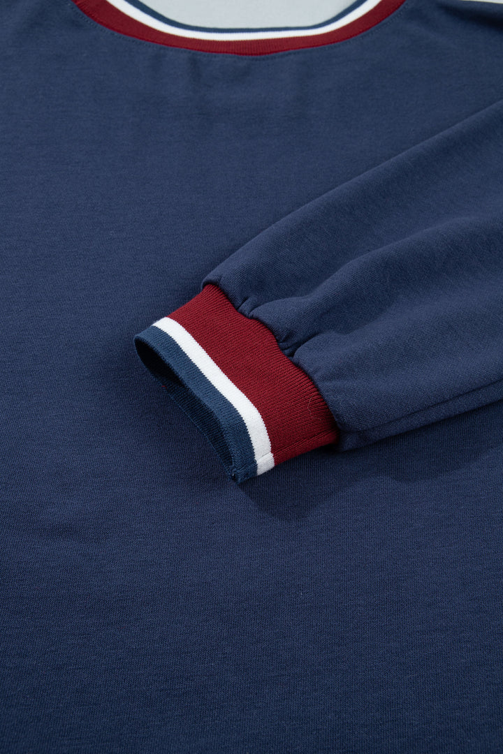 Sail Blue Patchwork Round Neck Long Sleeve Sweatshirt