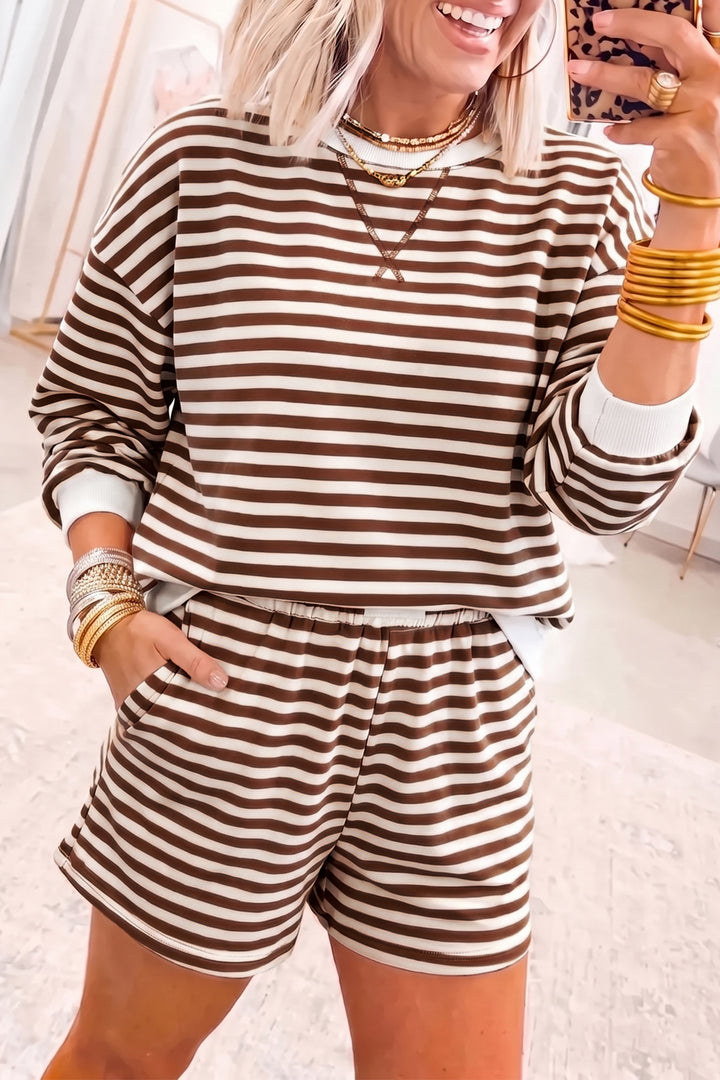 Grapefruit Orange Drop Shoulder Long Sleeve Pullover Elastic Waist Casual Short Set