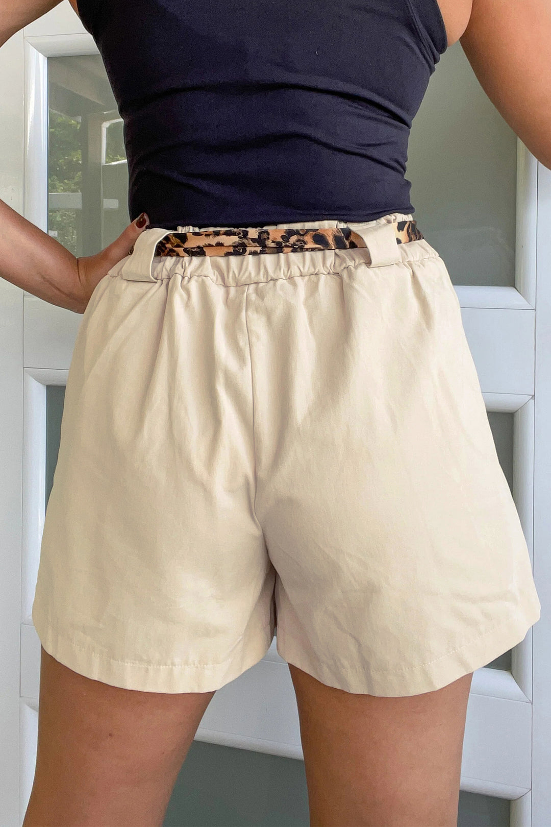 Bright Pink Leopard Contrast Sash Belt Pleated Wide Leg Shorts