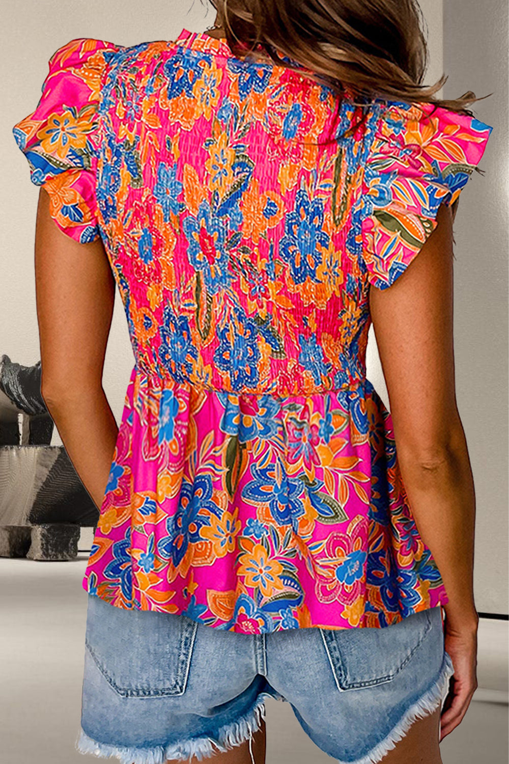 Smocked Printed V-Neck Cap Sleeve Blouse - Sybaritic Bags & Clothing