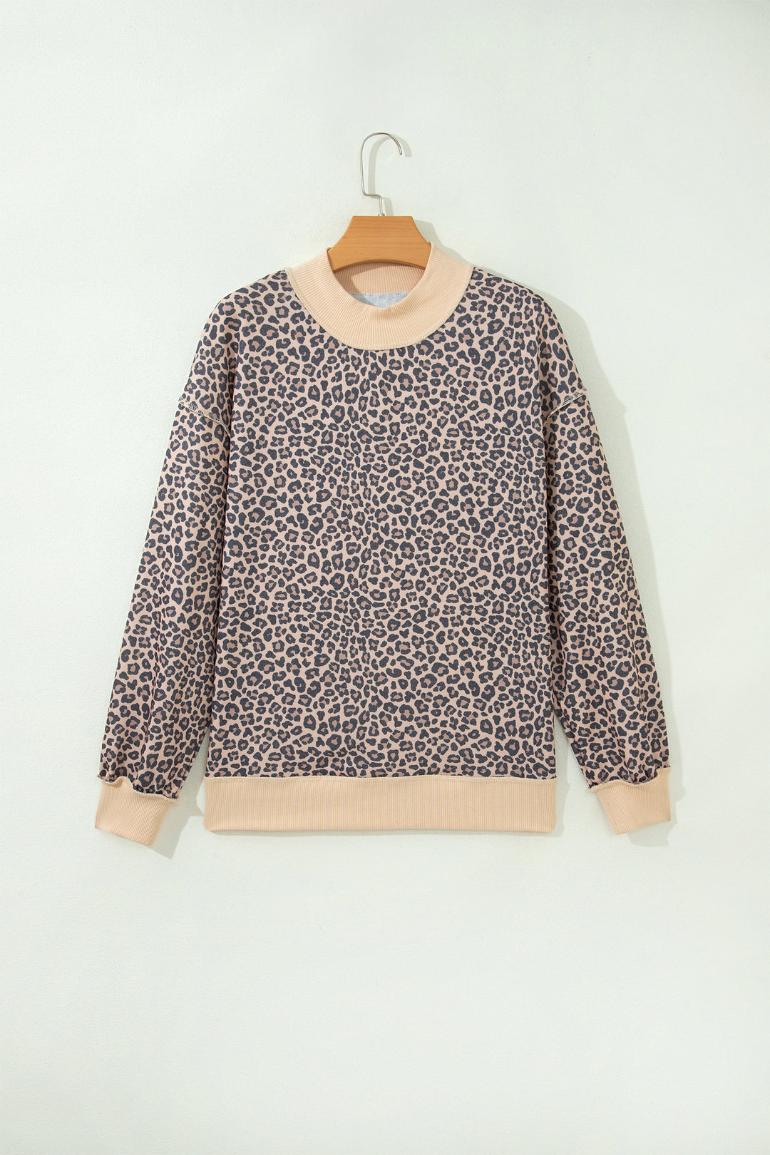 Multicolour Leopard Print High Neck Long Sleeve Ribbed Cuffs Hem Sweatshirt