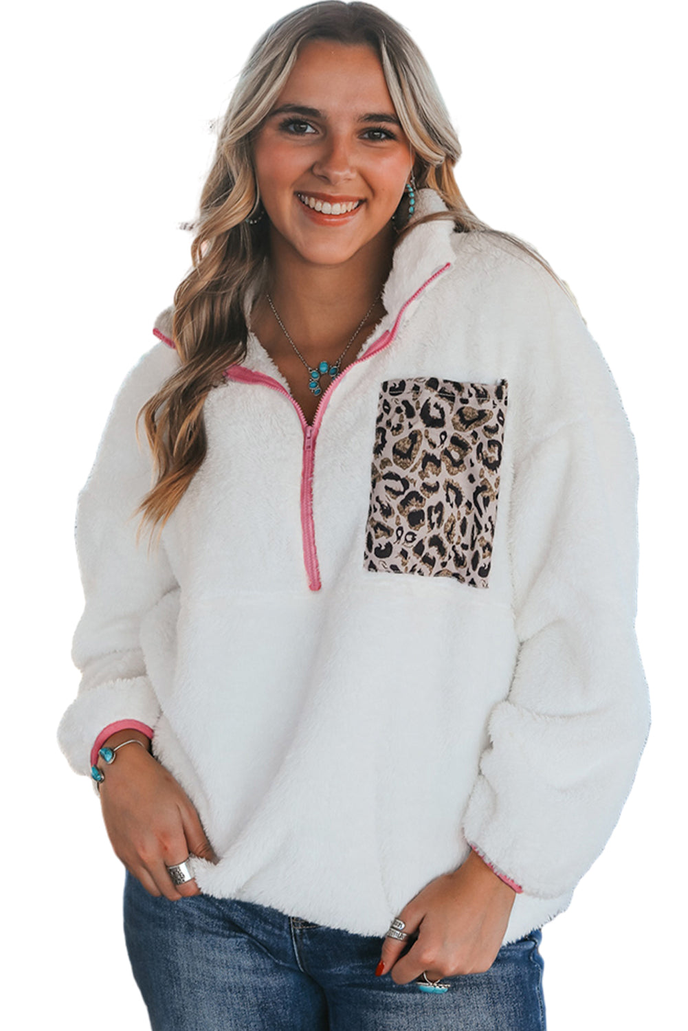 White Leopard Patch Pocket Half Zipped Fleece Sweatshirt