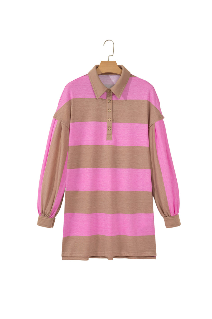 Rose Stripe Striped Button Long Sleeve Short Shift Dress