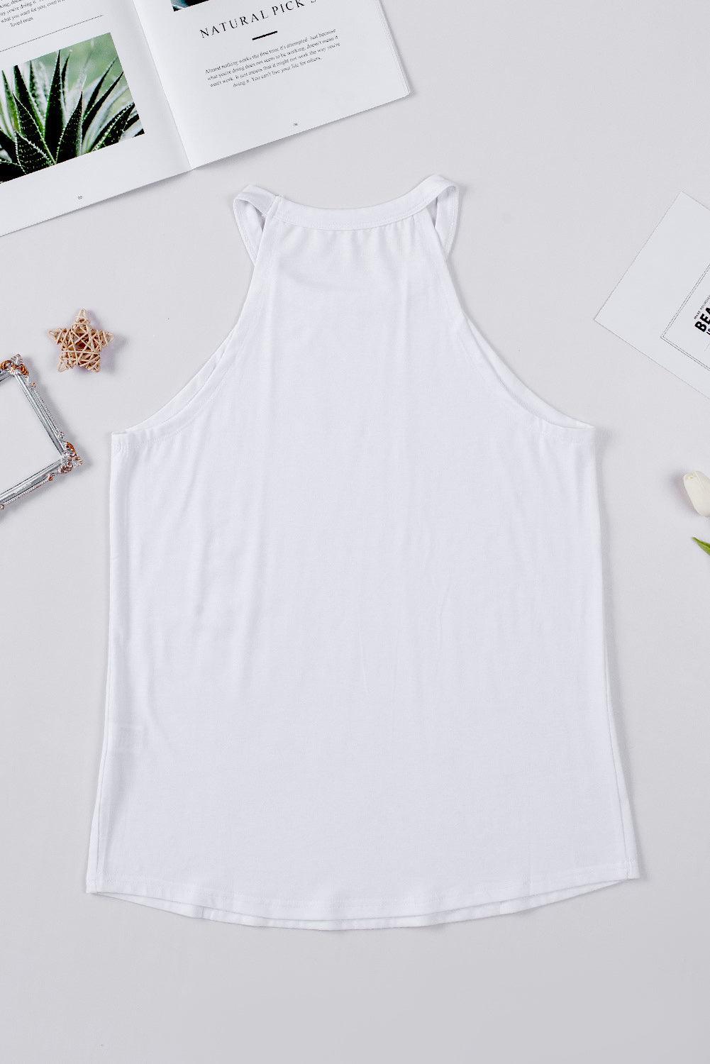 Back flat lay of white solid color crew neck tank top