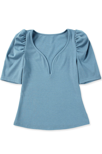 Sky Blue Ribbed Knit V Neck Ruched Sleeve Top