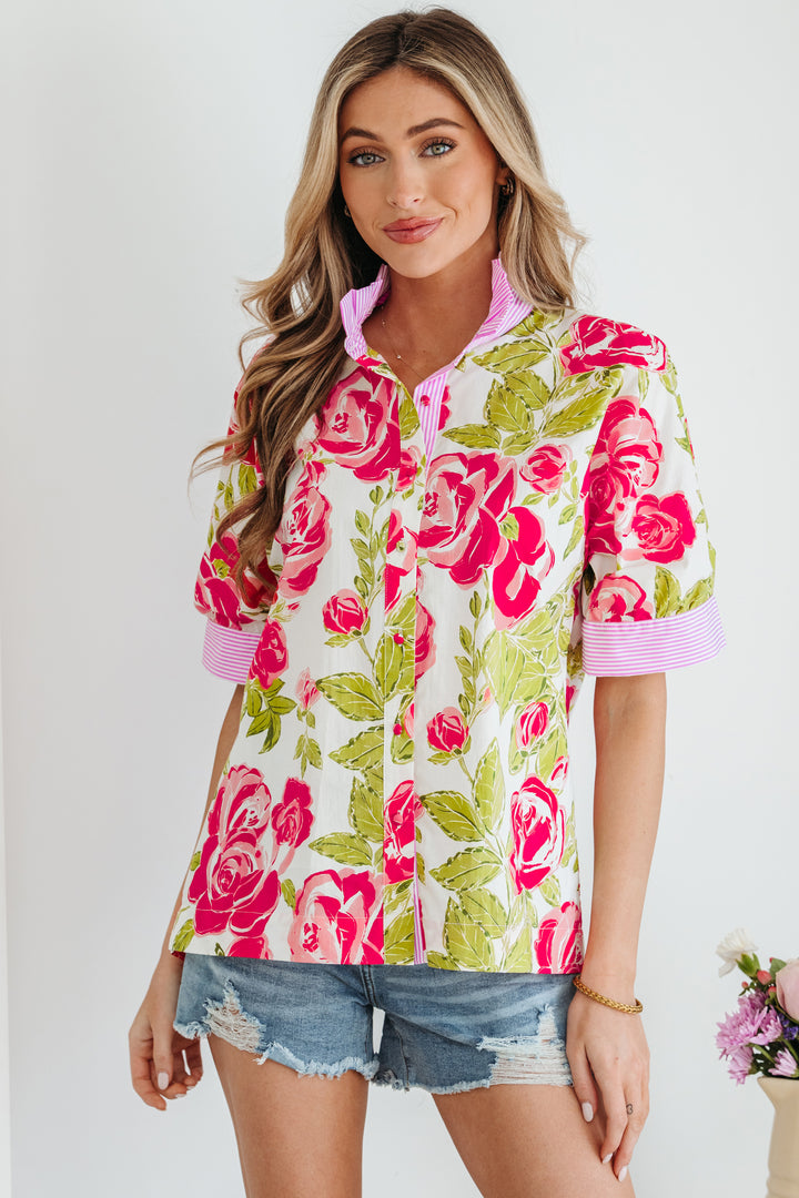 Pink Flower Print Striped Trim Frilled Collar Short Sleeve Shirt