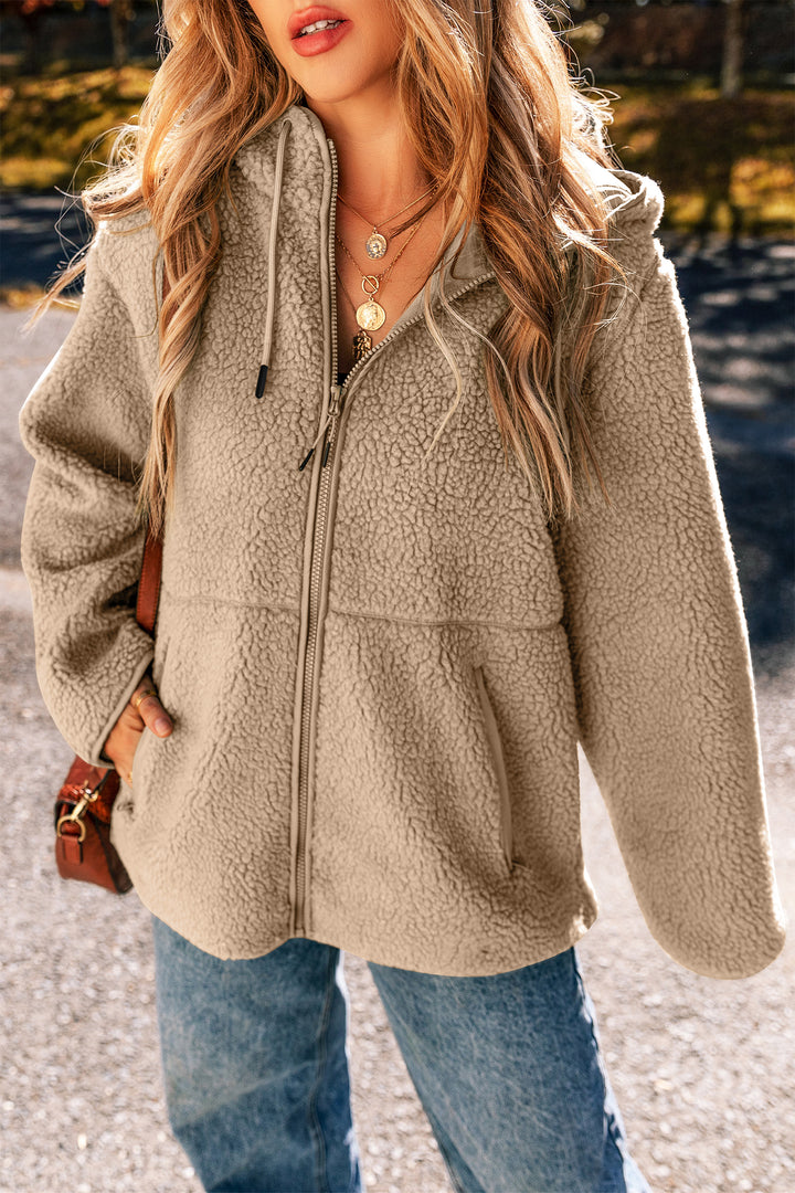 Medium Grey Fleece Zip Up Drawstring Hooded Pocketed Jacket