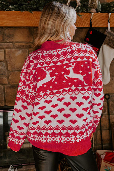 Fiery Red Merry Christmas Reindeer Heart Pattern High Neck Sweater