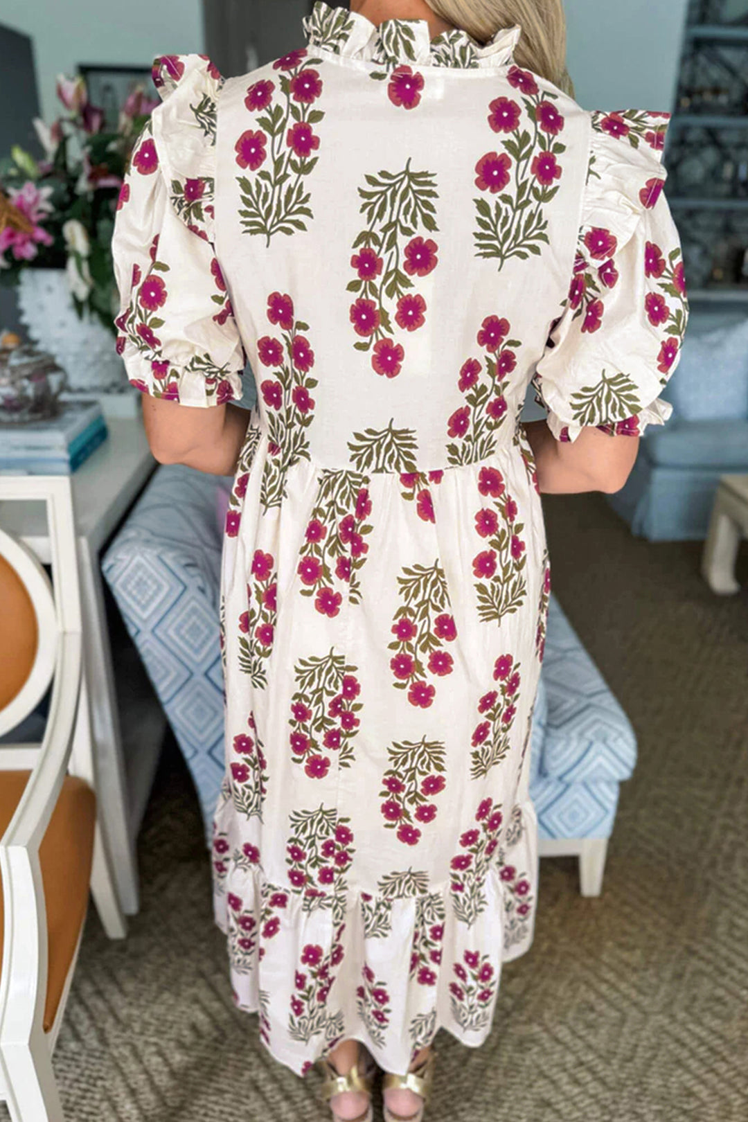 Beige Floral Short Bubble Sleeve Tiered Maxi Dress