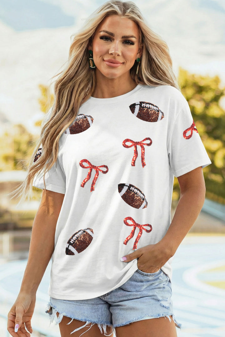 White Sequin Rugby Bow Print Round Neck Casual Shift Tee