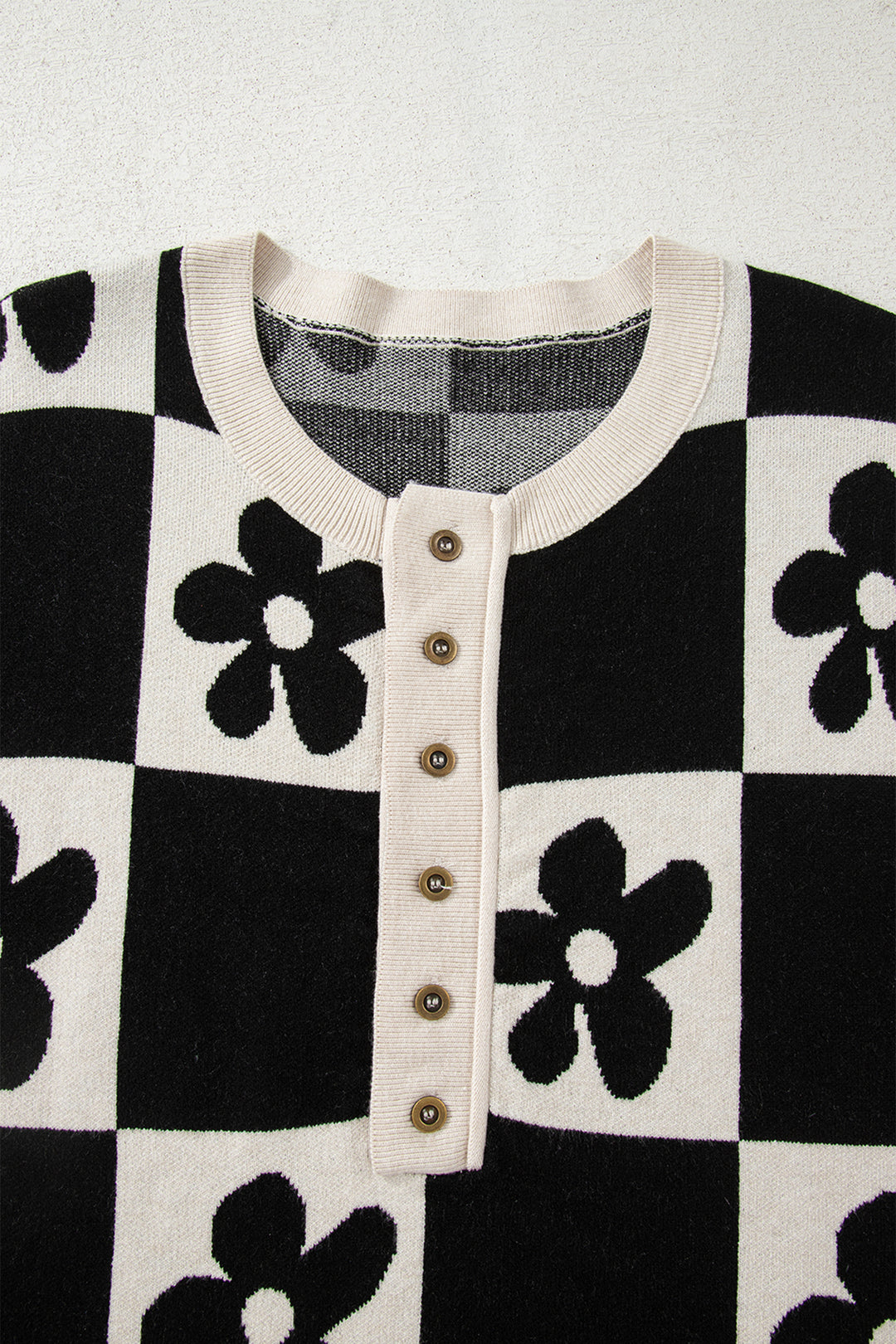 Black Flower Plaid Henley Baggy Sweater