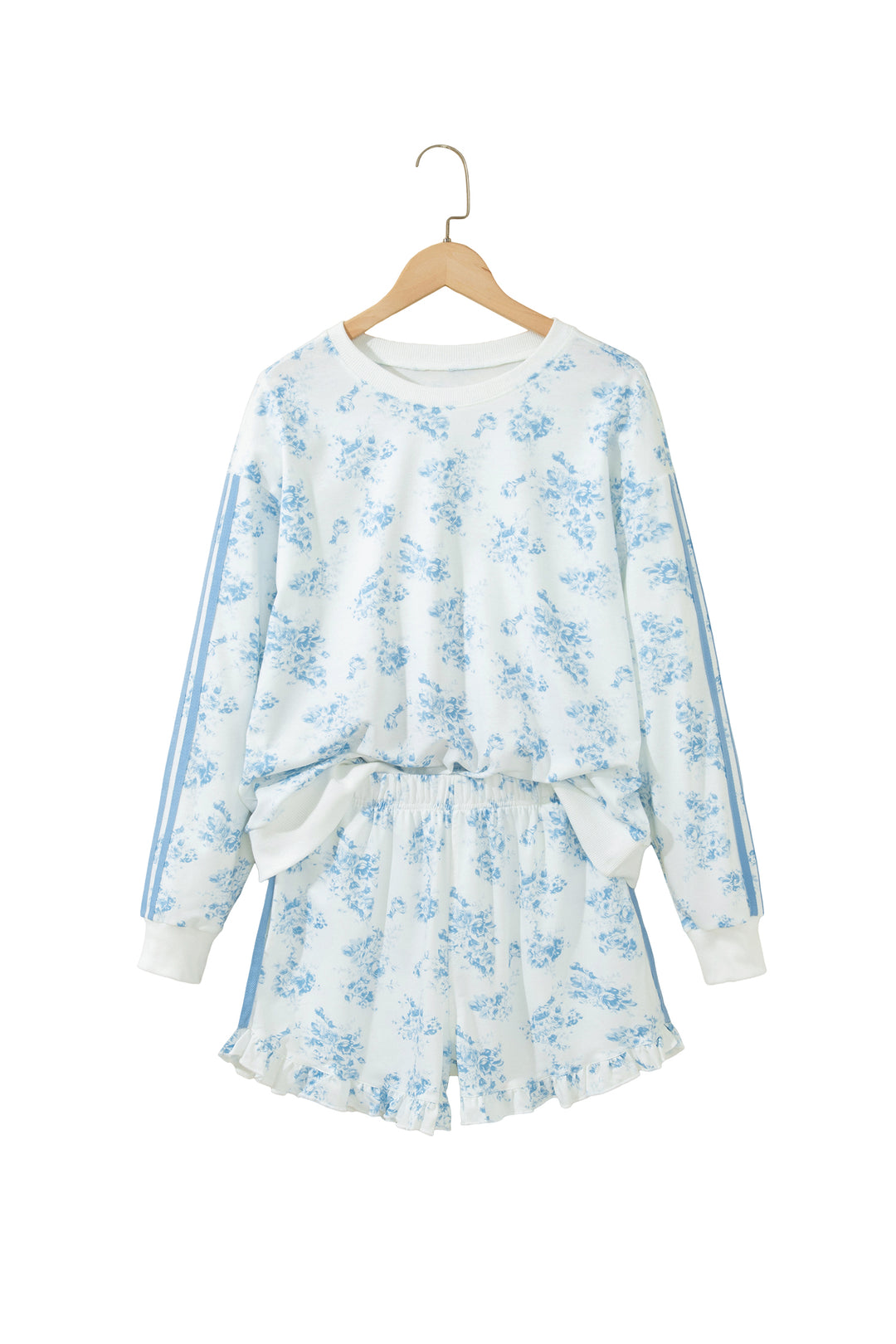 Sky Blue Floral Print Striped Detail Long Sleeve Top Ruffle Hem Shorts 2pcs Set