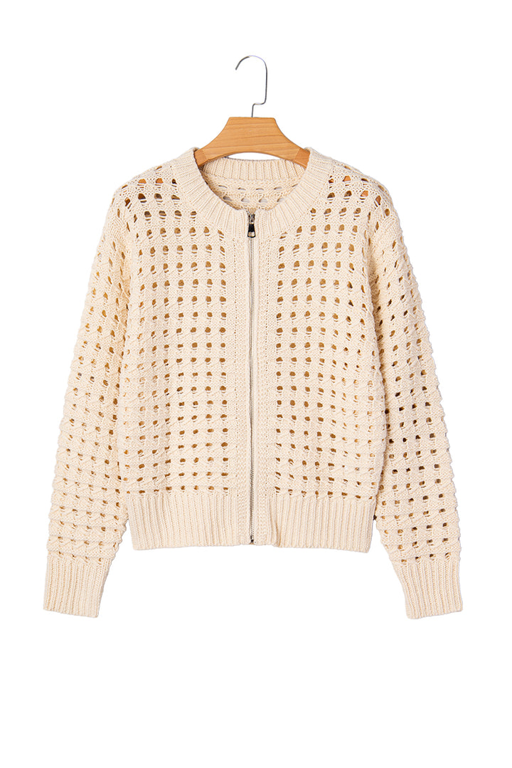 Beige Hollowed Pattern Knit Zip Up Drop Shoulder Sweater Cardigan