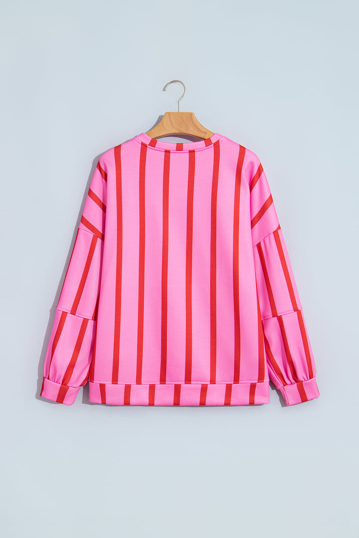 Pink Stripe Dropped Shoulder Round Neck Casual Sweatshirt