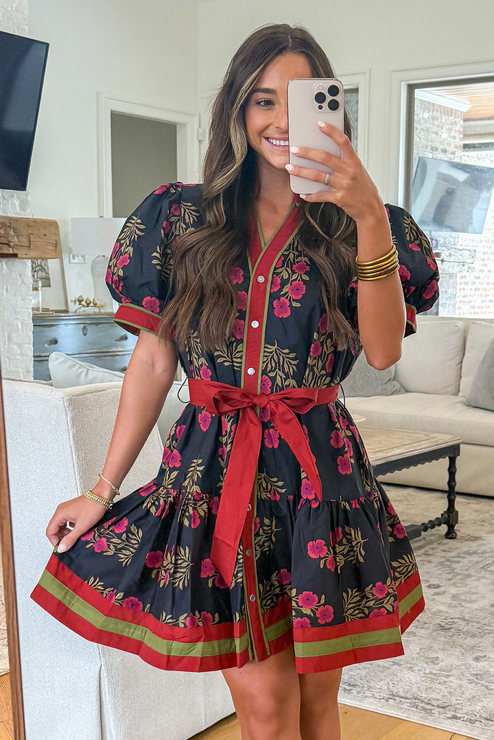 Black Retro Floral Print Button Down Belted Short Puff Sleeve Mini Dress