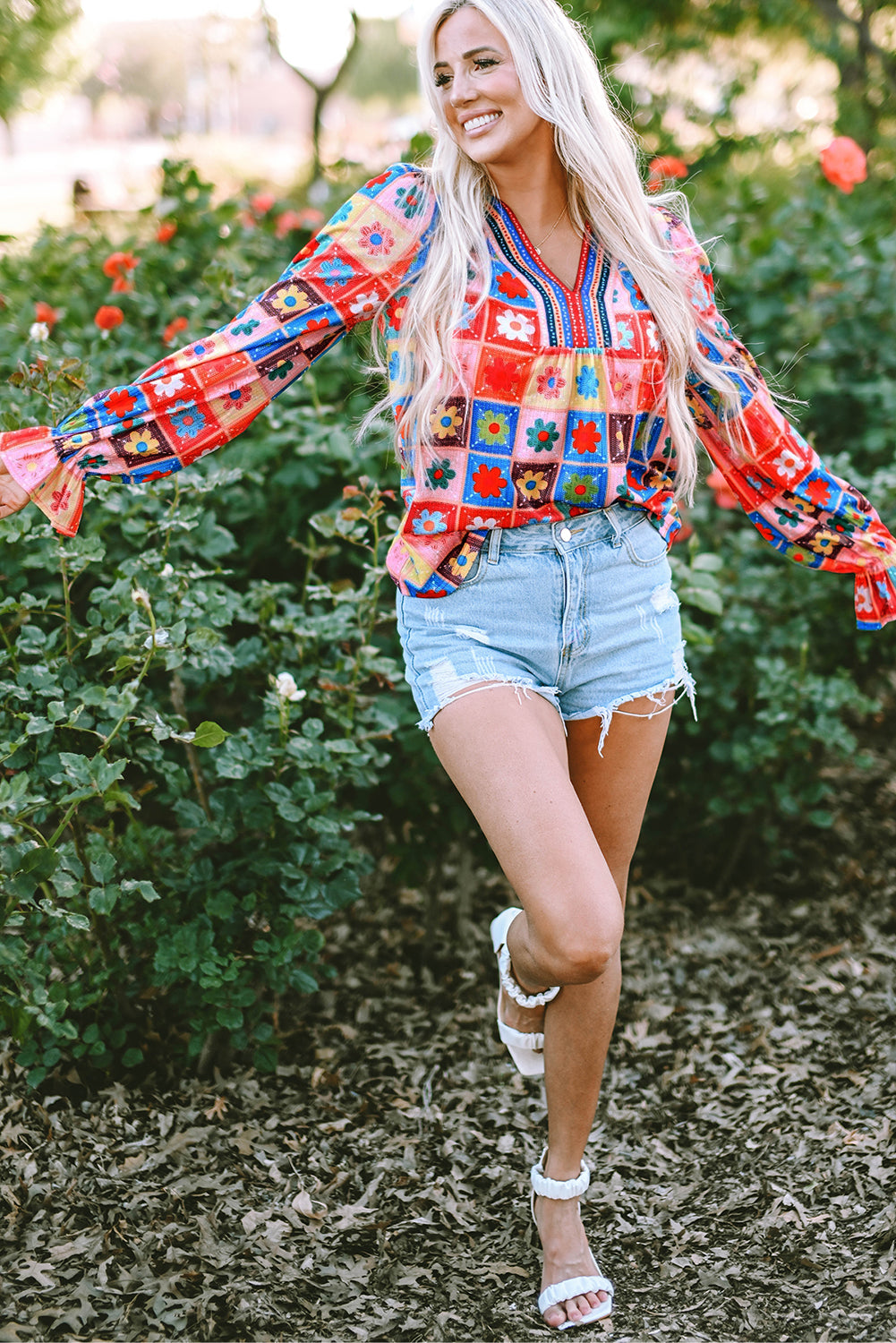 White Checkered Flower Print Bubble Sleeve Blouse