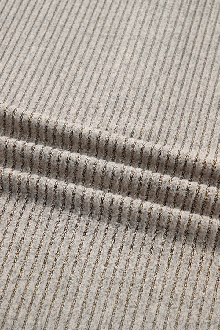 Simply Taupe Plus Size Ribbed Knit Kangaroo Pocket Henley Long Sleeve Top