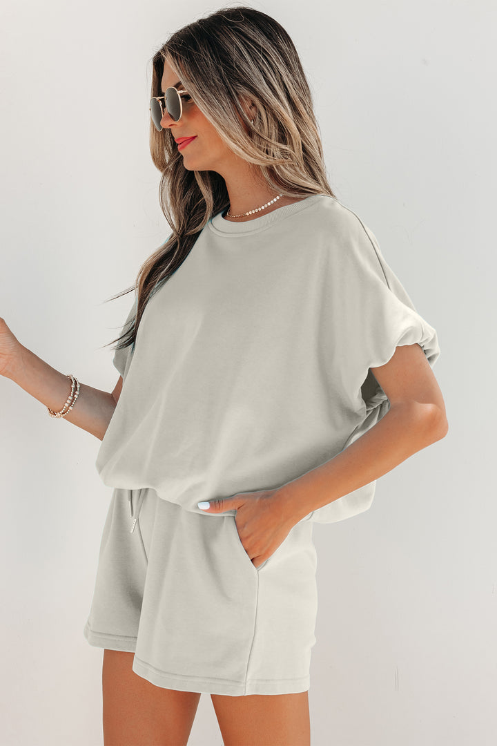 Smoke Gray Solid Color Puffy Loose Top Drawstring Shorts 2pcs Outfit