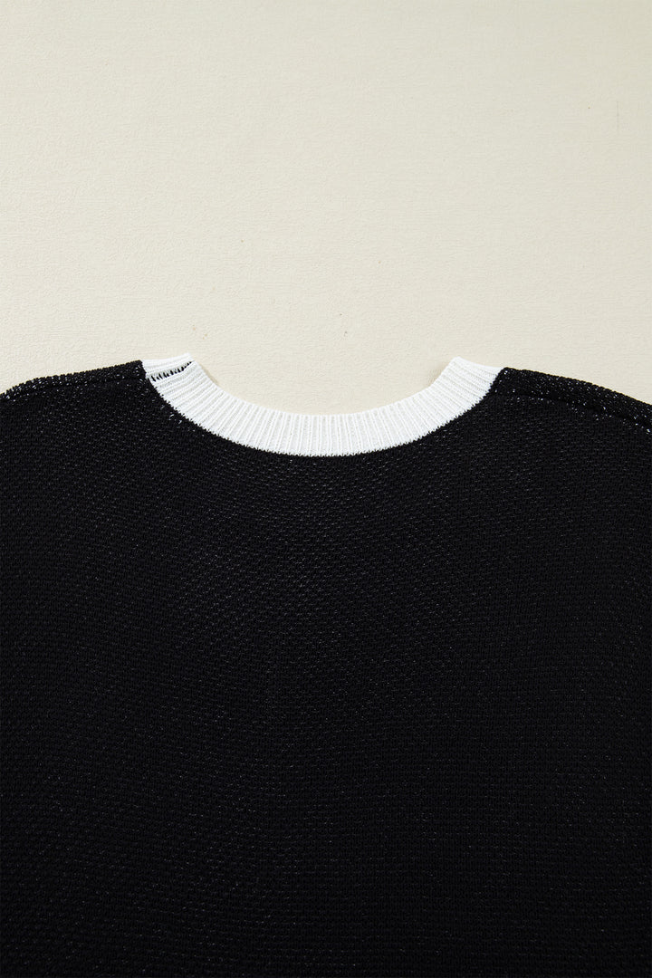 Black Horse Shoe Pattern Contrast Trim Short Sleeve Sweater