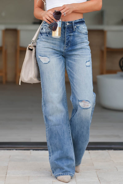 Light Blue High Rise Distressed Straight Leg Jeans