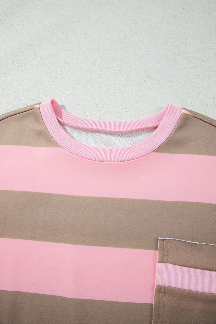 Pink Stripe Striped Colorblock Patch Pocket Split Hem Oversized Long Sleeve Sweatshirt