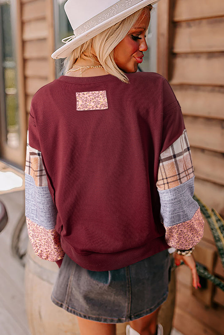 Red Sandalwood Plaid Colorblock Patchwork Sleeve Raw Seam Sweatshirt