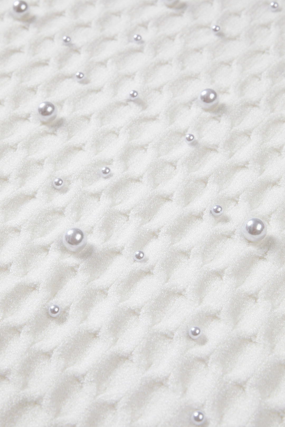 White Solid Textured Knit Pearl Embellished Pullover Sweater