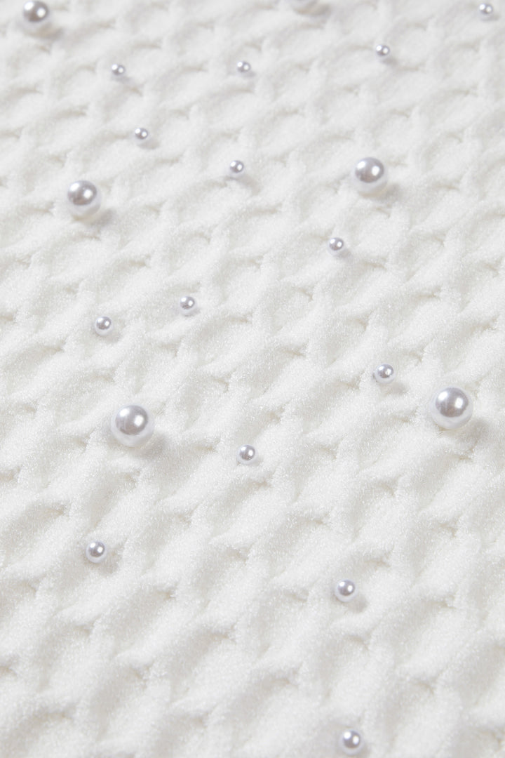 White Solid Textured Knit Pearl Embellished Pullover Sweater