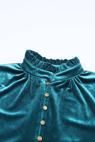 Green Frilled Neck Buttoned Front Velvet Top