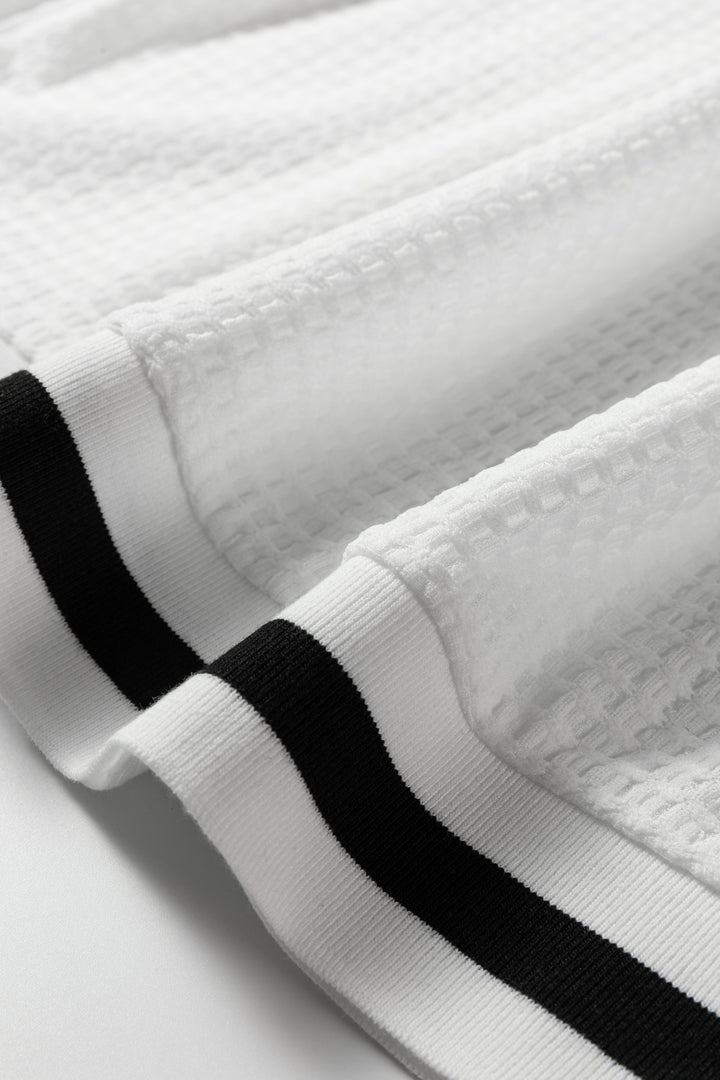 White Textured Knit Preppy Striped Trim V Neck Pullover Waffle Top