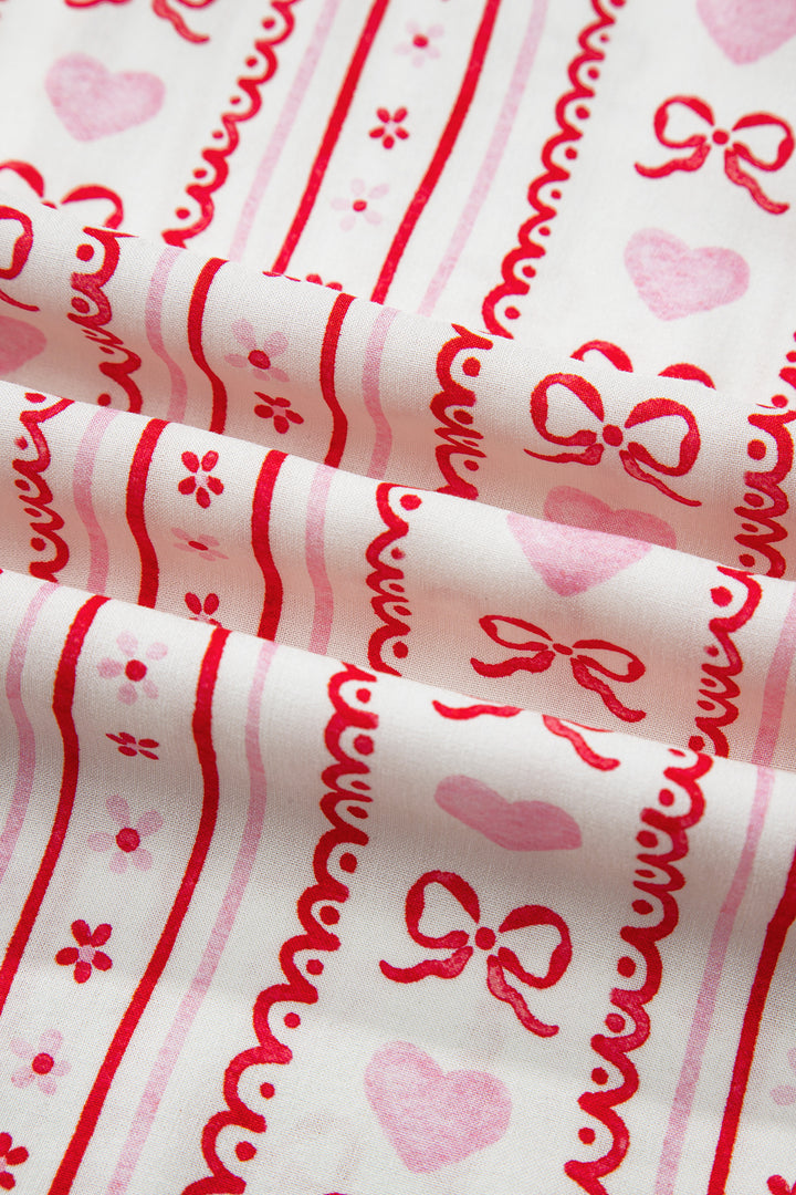 Red Cute Bow Heart Print Ribbon Decor Short 2pcs Pajama Set