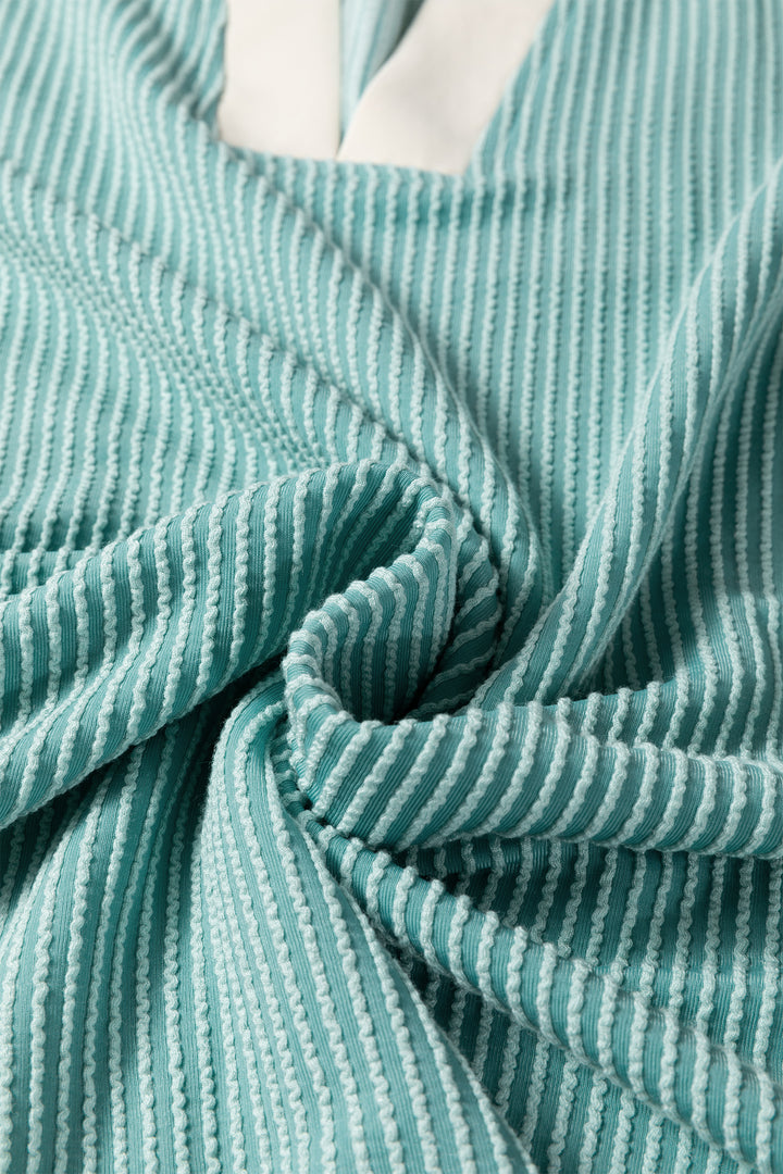 Light Blue Plus Size Contrast Frilled Neckline Ruffled Short Sleeve Ribbed Textured Blouse