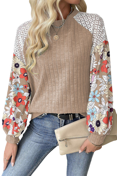 Parchment Floral Patchwork Long Sleeve Ribbed Blouse