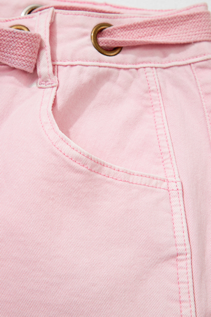 Light Pink Solid Color Grommet Detail Knot Waist Barrel Jeans